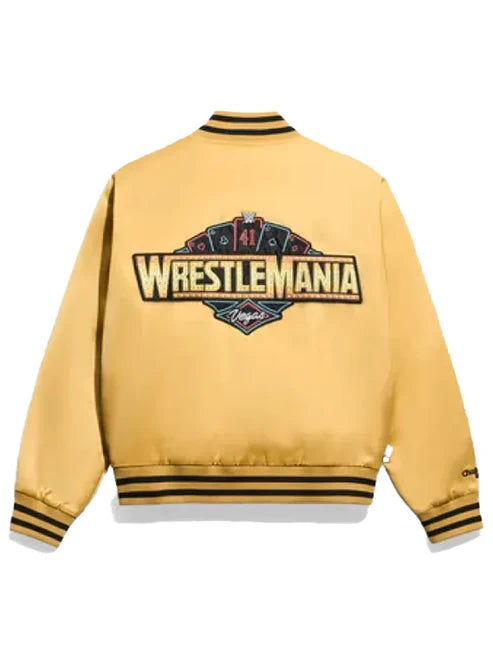 WWE WrestleMania 41 Gold Satin Varsity Jacket