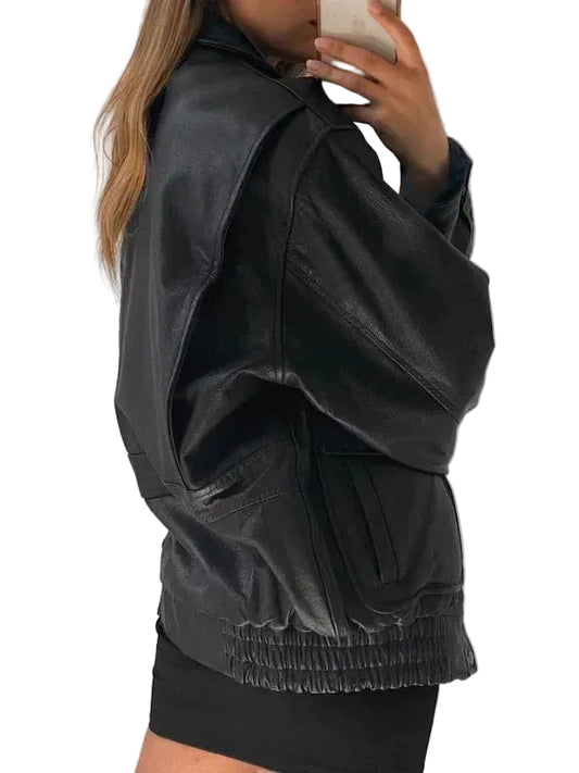 Women Oversized Retro Vintage Baggy Drapey Black Leather Jacket