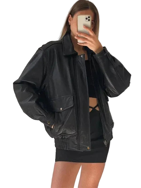Women Oversized Retro Vintage Baggy Drapey Black Leather Jacket