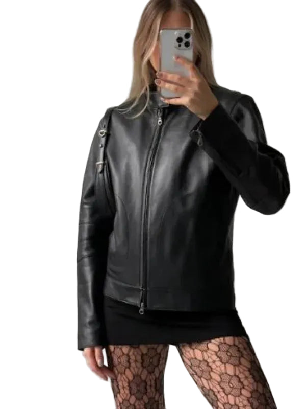 Women Oversized Vintage Reverse Zipper Moto Jacket