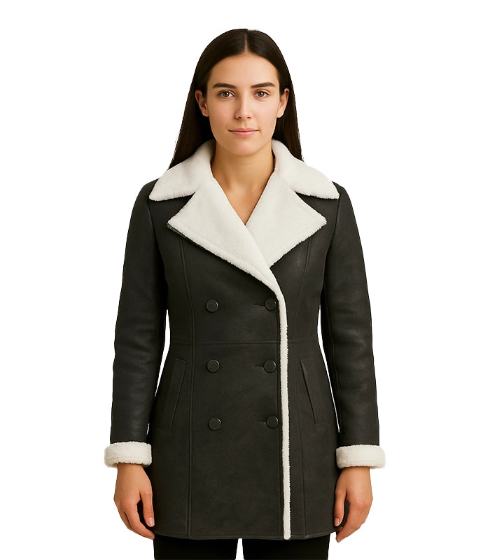 Amie – Black Double Breasted Shearling Coat