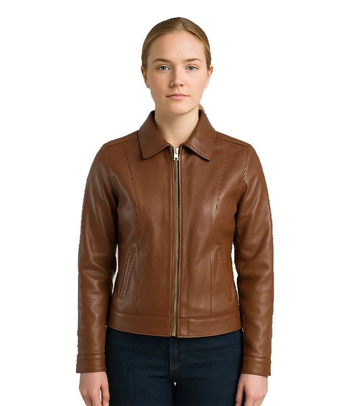 Brown Classic Leather Jacket With Collar