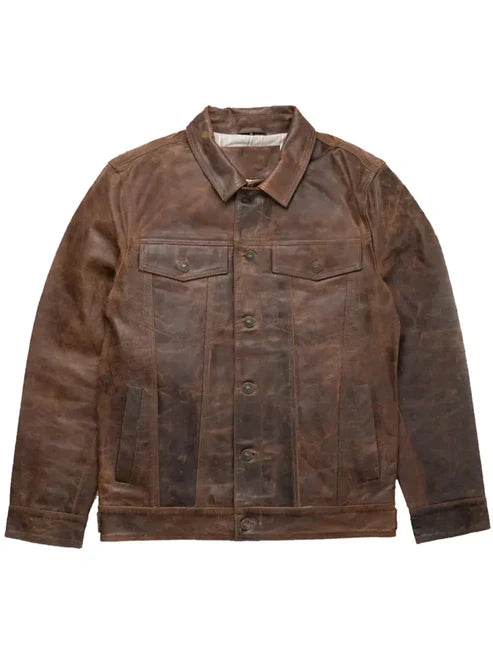 Trucker Style Brown Leather Jacket
