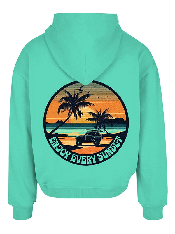 Enjoy Every Sunset Custom Hoodie – Teal Beach Graphic Pullover