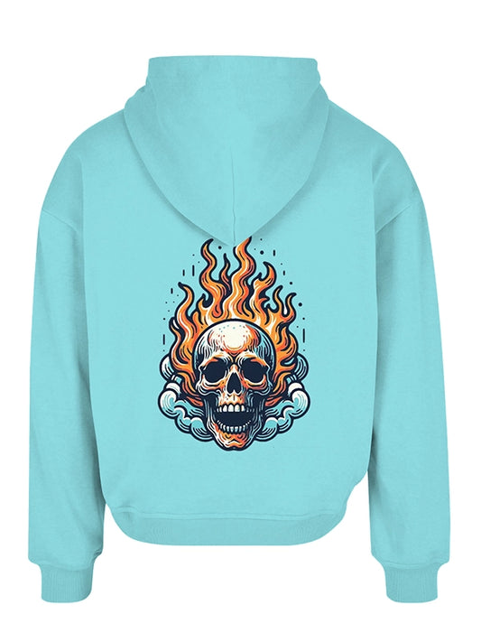 Flaming Skull Custom Hoodie – Blue Street Style Graphic Pullover