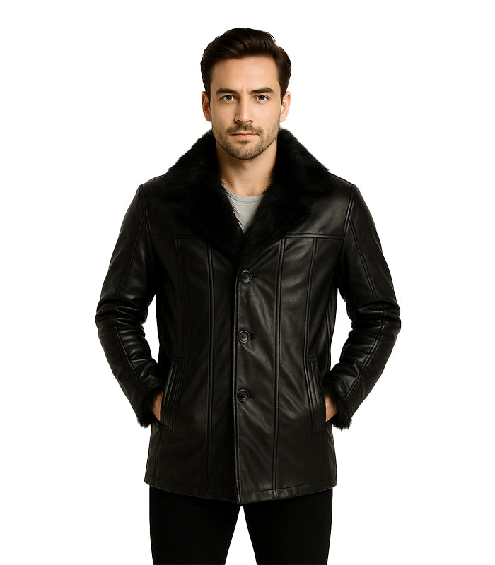 Furcliff Black Leather Coat