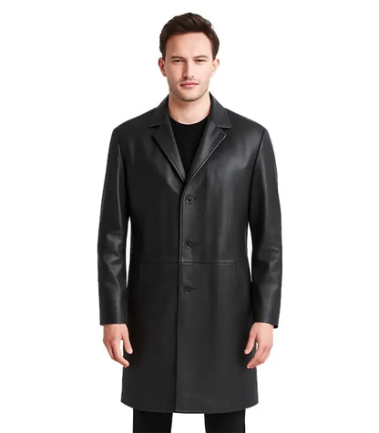 Mateo Black Single Breasted Leather Coat