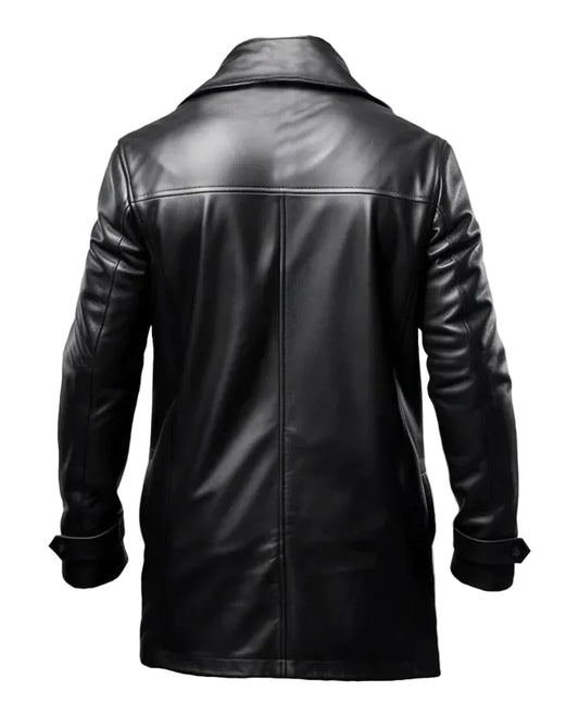 Men's Black Leather Car Style Coat