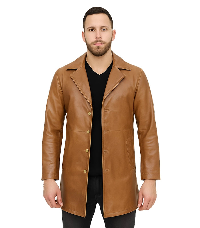 Men’s Camel Brown Real Leather Car Coat