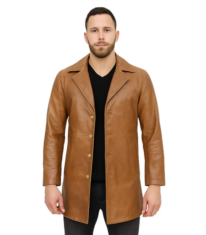 Men’s Camel Brown Real Leather Car Coat