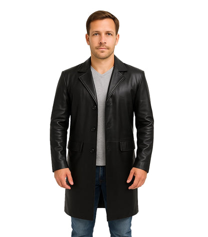 Men’s Cowhide Black Long Leather Coat