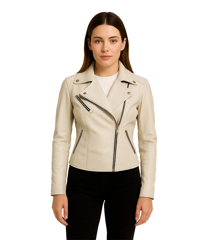 Ninfa Women Moto Style Beige Real Leather Jacket