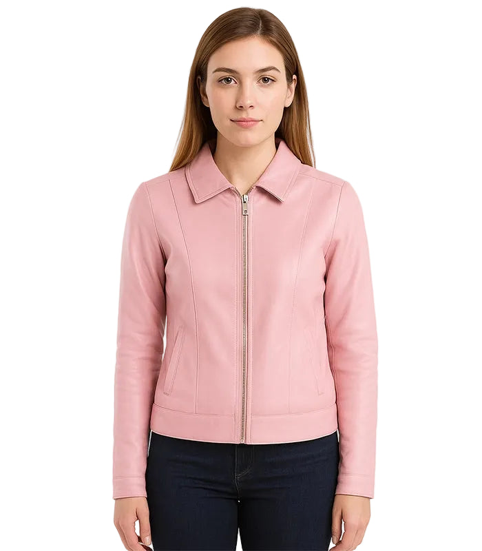 Pink Classic Leather Jacket With Collar