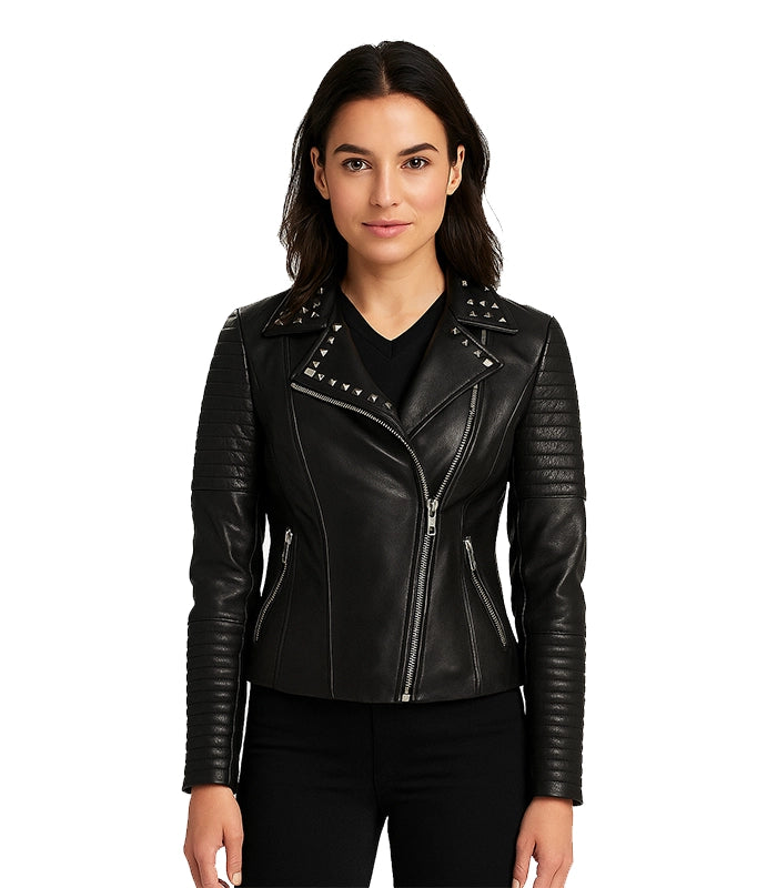 Sally Mae Studded Black Leather Biker Jacket