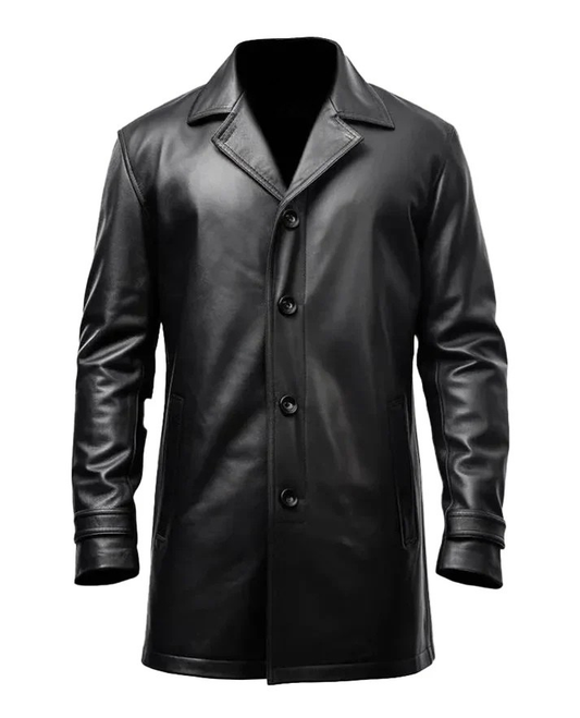 Men's Black Leather Car Style Coat