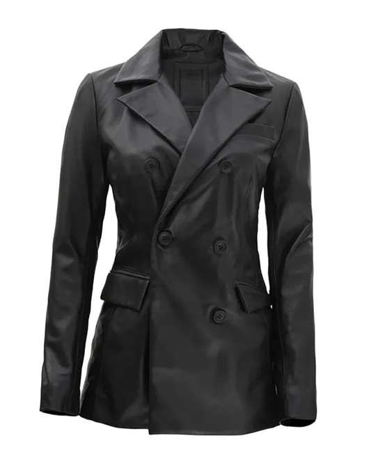 Women's Double Breasted Black Leather Blazer