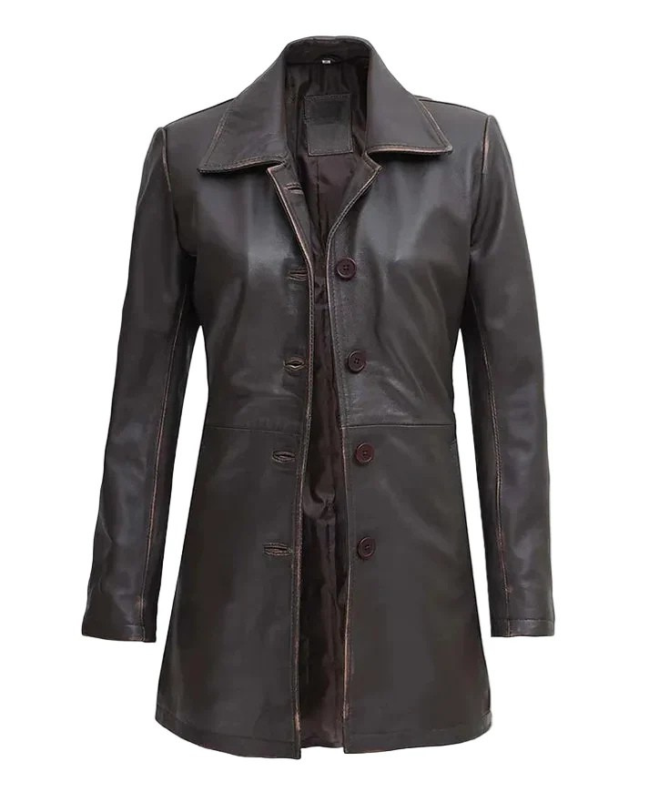 Women's Distressed Dark Brown Leather Coat