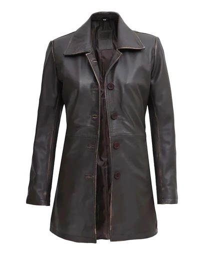 Women's Distressed Dark Brown Leather Coat