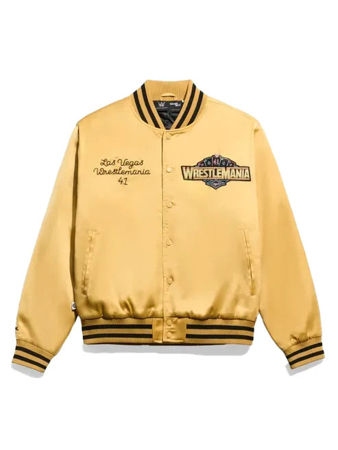 WWE WrestleMania 41 Gold Satin Varsity Bomber Jacket