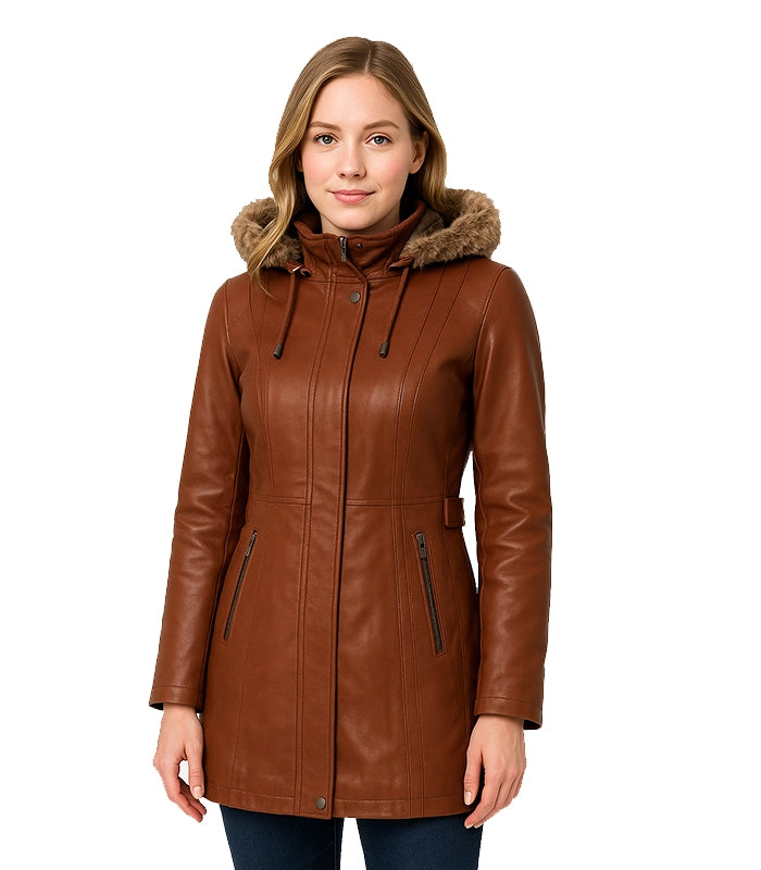 Women Brown Leather Coat With Fur Trim Removable Hood