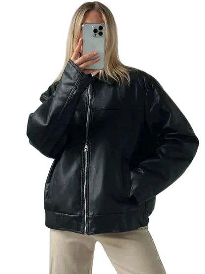 Women Oversized Black Bomber 90s Styles Leather Jacket