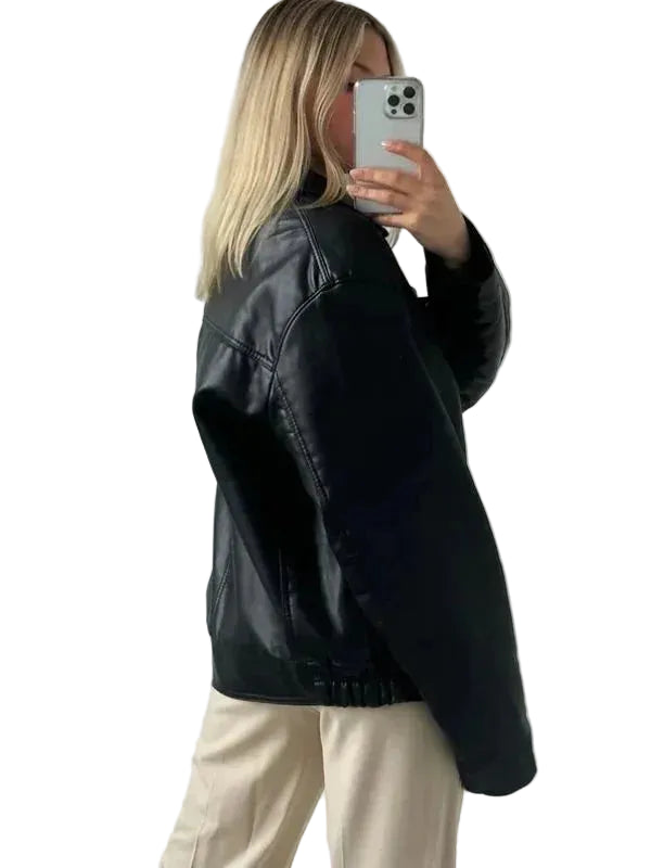 Women Oversized Black Bomber 90s Styles Leather Jacket