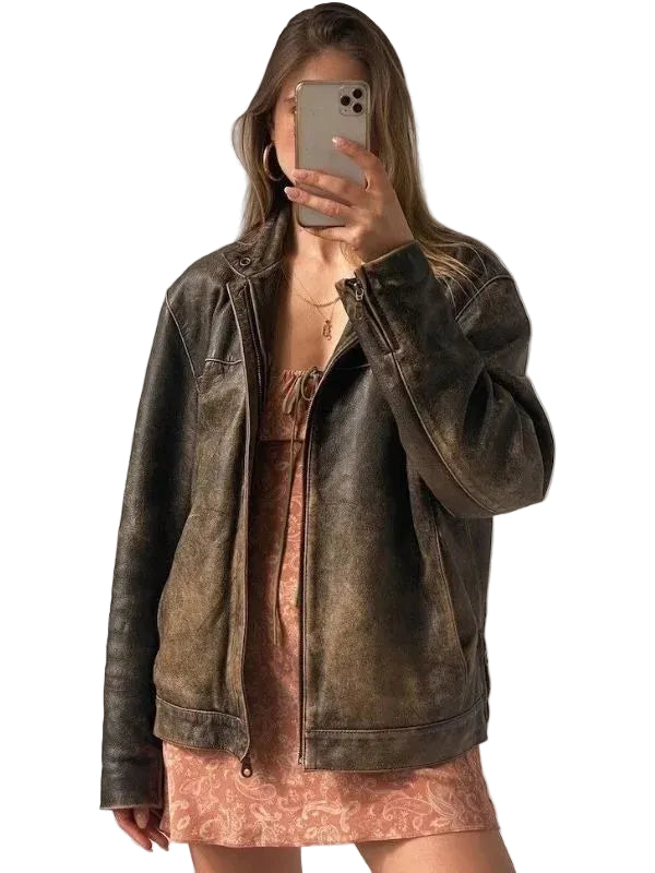Women Oversized Distressed Brown Genuine Leather Jacket