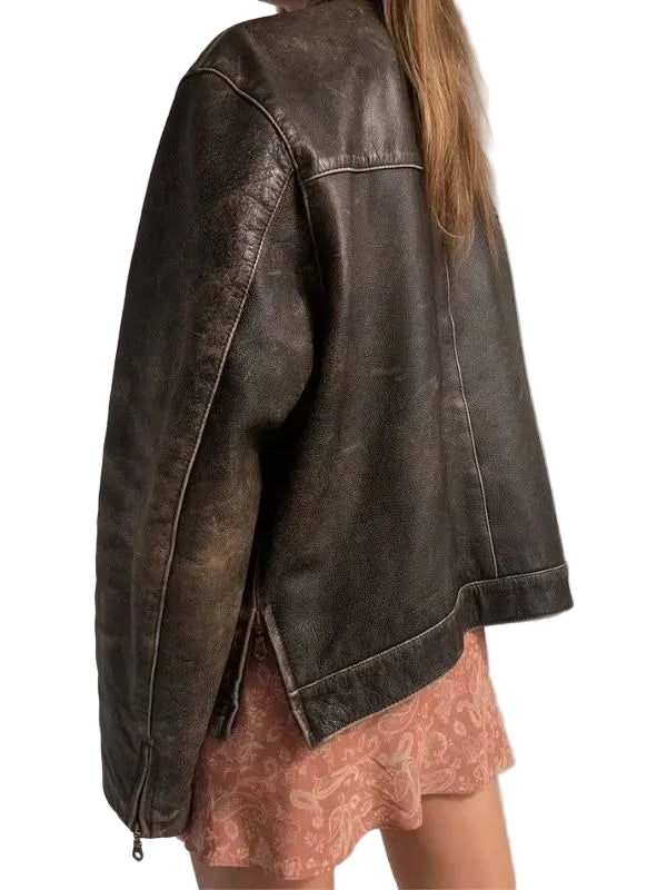 Women Oversized Distressed Brown Genuine Leather Jacket