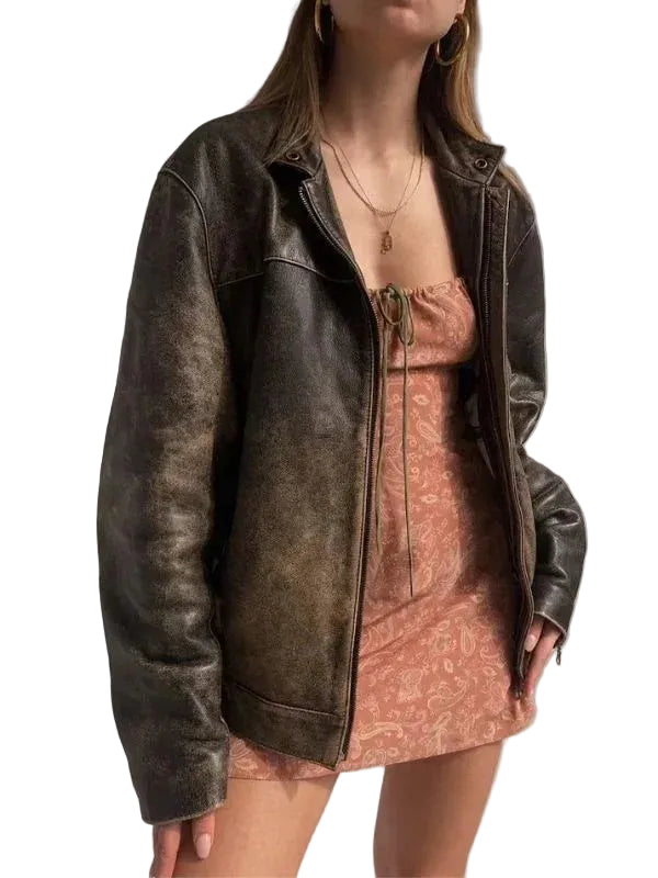 Women Oversized Distressed Brown Genuine Leather Jacket