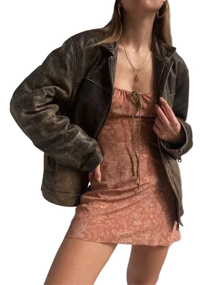 Women Oversized Distressed Brown Genuine Leather Jacket