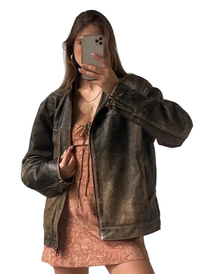 Women Oversized Distressed Brown Genuine Leather Jacket