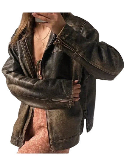 Women Oversized Distressed Brown Genuine Leather Jacket