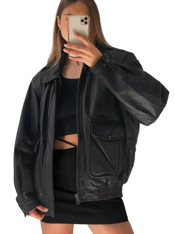 Women Oversized Retro Vintage Baggy Drapey Black Leather Jacket
