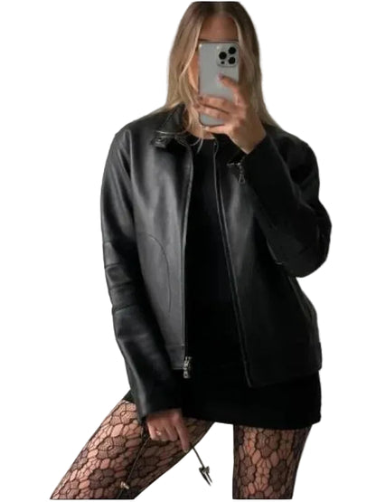 Women Oversized Vintage Reverse Zipper Moto Jacket