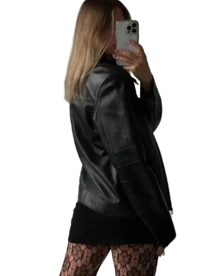 Women Oversized Vintage Reverse Zipper Moto Jacket