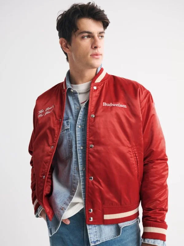 abercrombie budweiser red varsity bomber jacket